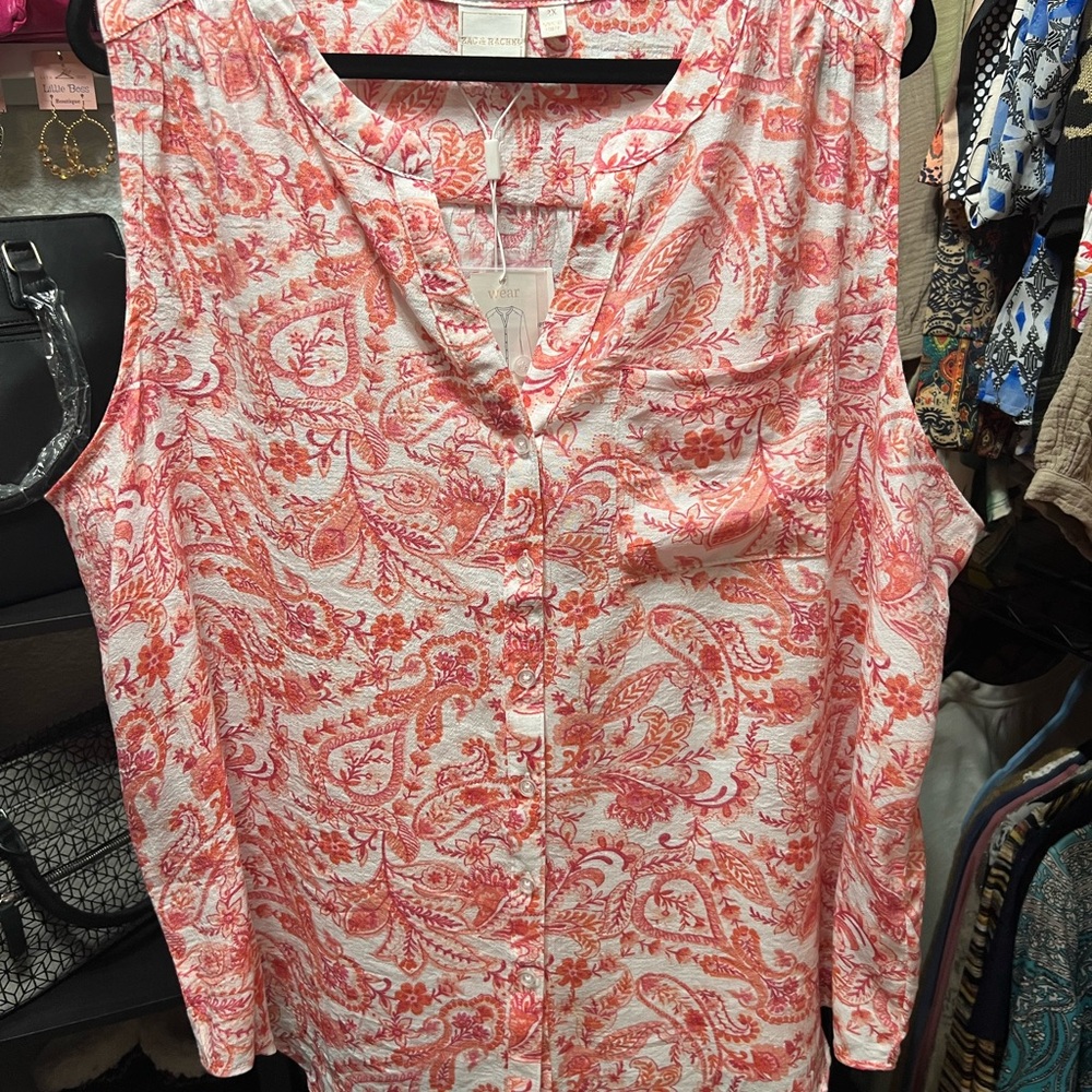 Zac & Rachel Coral and White Paisley Sleeveless Blouse